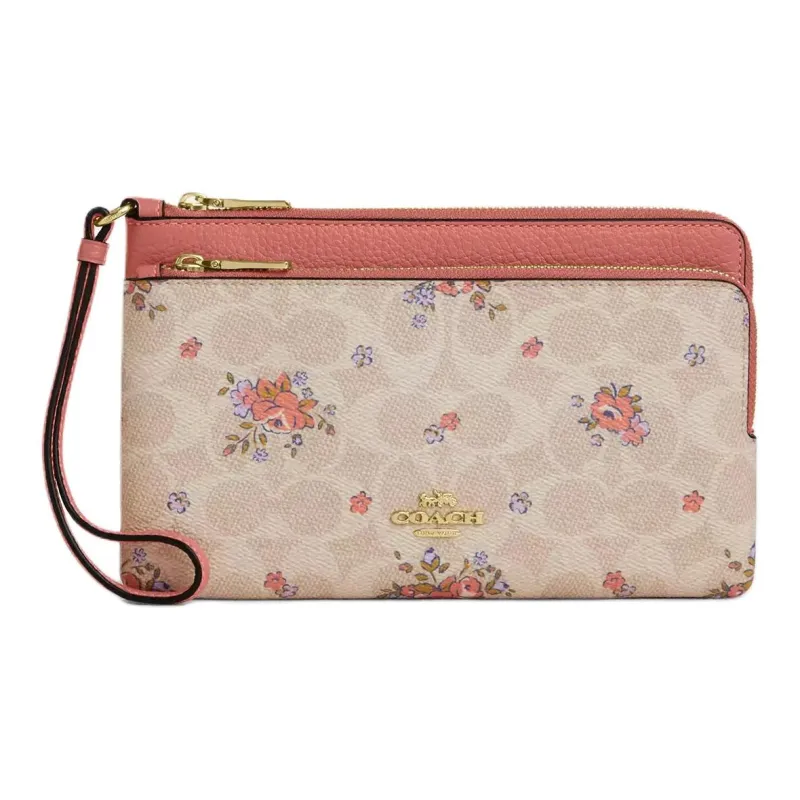 COACH Double Zip Wallet Coated Canvas With Leather Wallet Small Size Women's Gold & Beach Multicolor-0