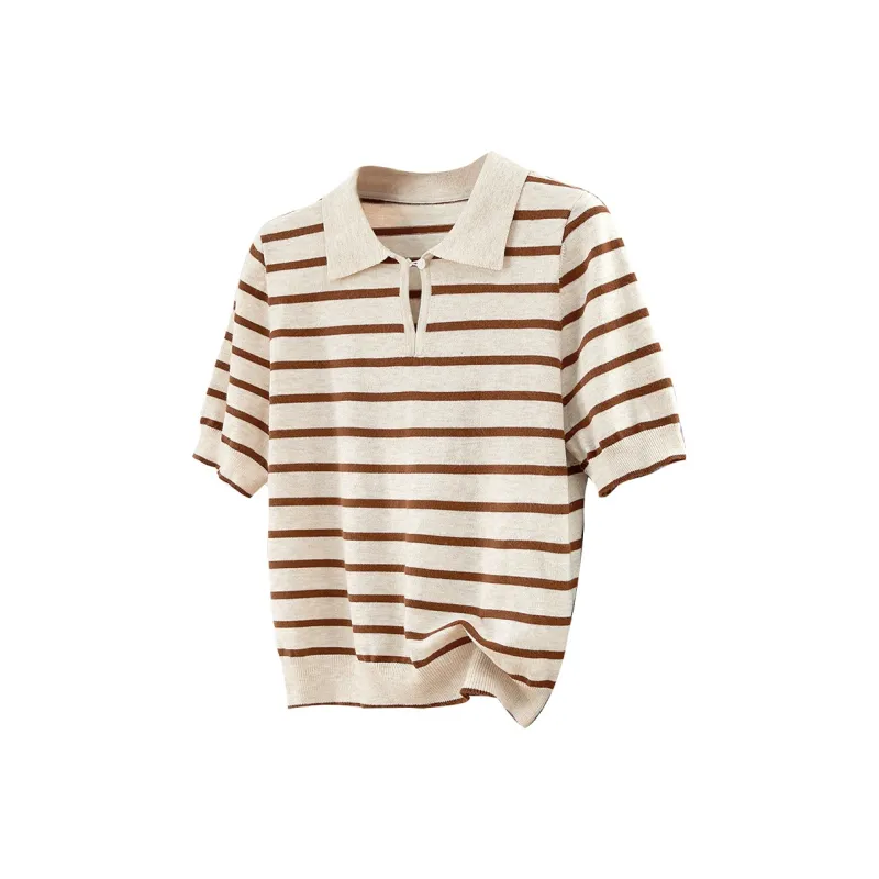 TOUCH Knitwear Women's Beige Coffee Stripes-0