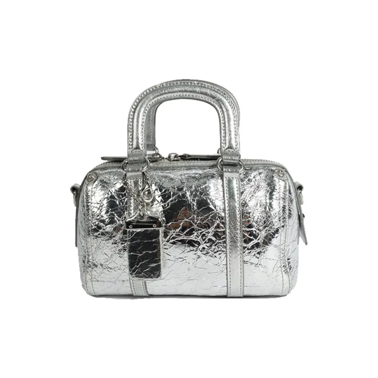 Bullrun Top Grain Cow Leather Boston Bag Handbag Women's Black/Silver/Limestone White-2