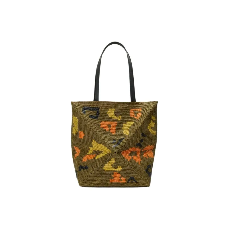 LOEWE Puzzle Fold Raffia With Calfskin Tote Bag, Shopping Bag, Handbag, Shoulder Bag Tubas Women's Olive Green-4