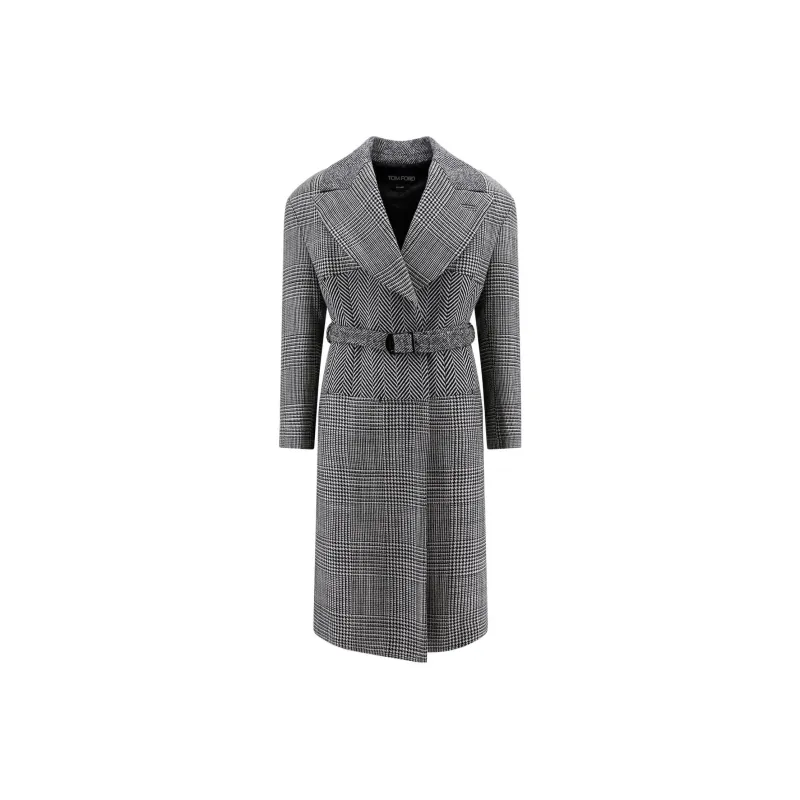 TOM FORD Houndstooth Pattern Straight Hem Belted Coat-0