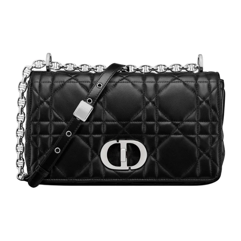 DIOR Caro Macrocannage Lambskin Shoulder Bag Medium Size Women's Black-0