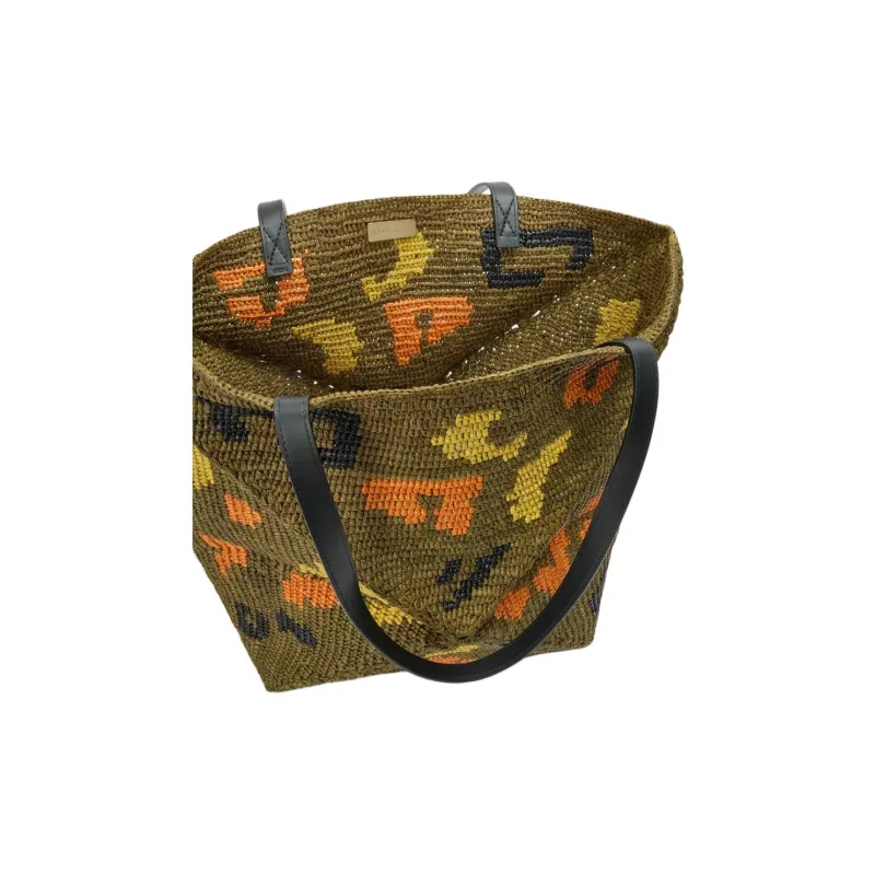 LOEWE Puzzle Fold Raffia With Calfskin Tote Bag, Shopping Bag, Handbag, Shoulder Bag Tubas Women's Olive Green-7