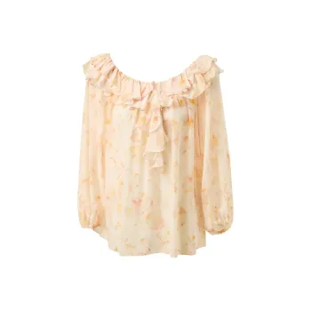 3COLOUR Elegant Clear Chiffon Shirt Women's Citrus Yellow Floral