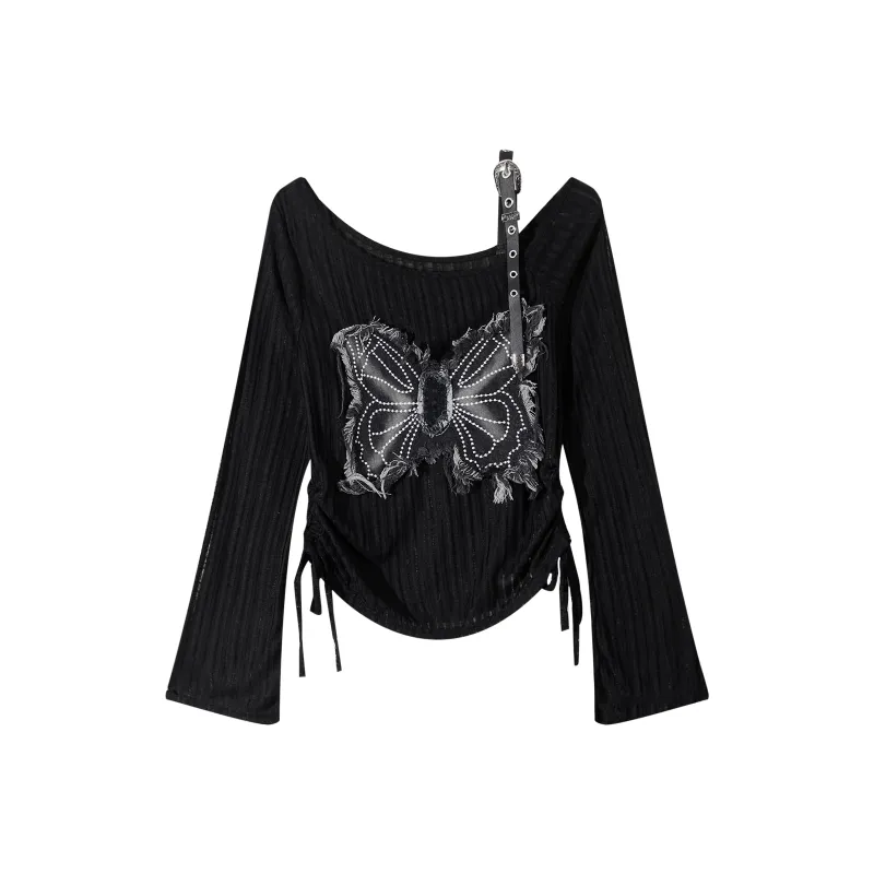 ONEPASS Long Sleeved Asymmetrical Collar Off Shoulder Ruched Knitwear Women's-5