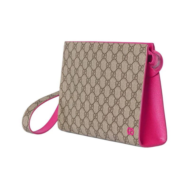 GUCCI GG Supreme Artificial Leather Clutch Women's Dark Brown & Pink-2