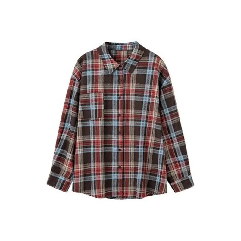 Ning Cai Yuer Shirt Women's Red Coffee Plaid-0