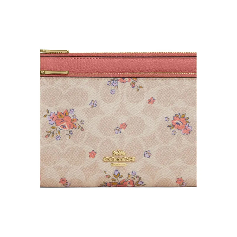 COACH Double Zip Wallet Coated Canvas With Leather Wallet Small Size Women's Gold & Beach Multicolor-2