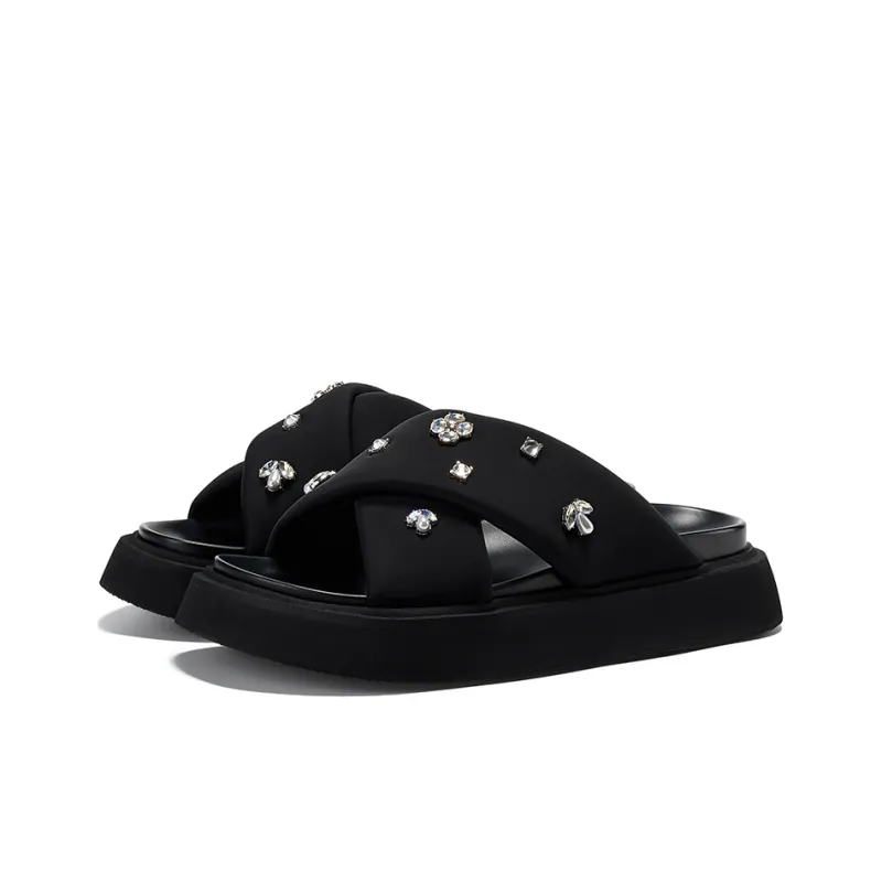 GG CC Rhinestone Slip Resistant Abrasion Resistant Cushioning Platform Slide Slippers Women's Black-1