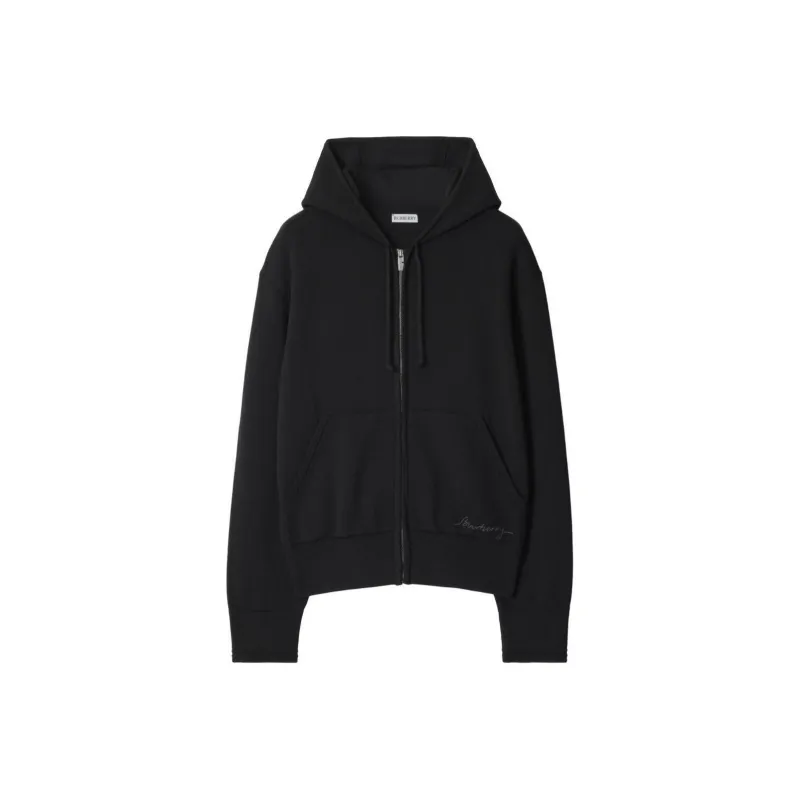 Burberry Logo Embroidered Zip Up Drawstring Hoodie-0