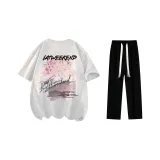 Clothing Set (White Gray T-Shirt+Black Casual Pants)