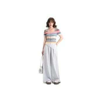 FAWENXIANGZI Crop Tops Women's Lake Blue+Card Between