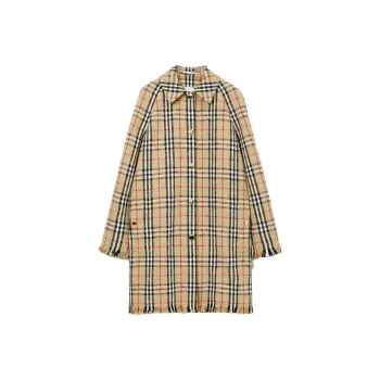 Burberry Checked Fringed Edge Buttoned Coat