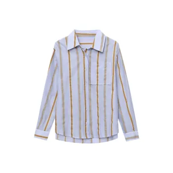 CHARM PICK Shirt Women's Yellow Stripes On Blue Background