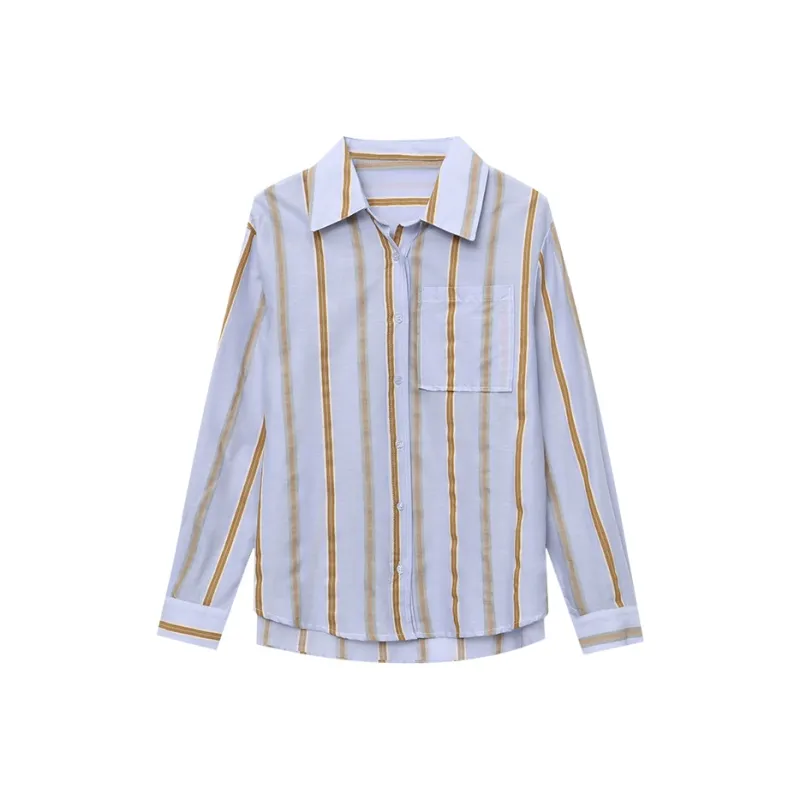 CHARM PICK Shirt Women's Yellow Stripes On Blue Background-0