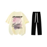 Clothing Sets (Beige Yellow T-Shirt+Black Casual Pants)