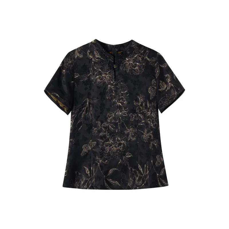 Yi Mengyuan Short Sleeved Silk Shirt Women's Black-0