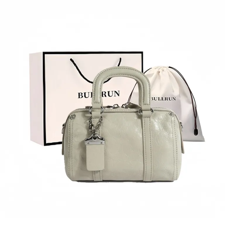 Bullrun Top Grain Cow Leather Boston Bag Handbag Women's Black/Silver/Limestone White-5