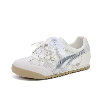 JOSINY Vintage Internet Famous Pearl Lace Mesh, Sporty Style German Army Trainers Low Top Casual Shoes Women's Ecru