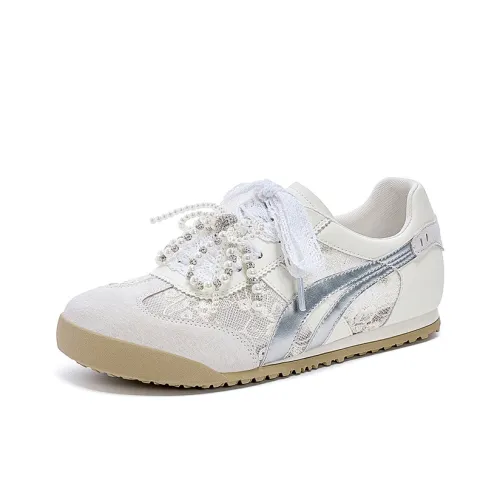 JOSINY Vintage Internet Famous Pearl Lace Mesh, Sporty Style German Army Trainers Low Top Casual Shoes Women's Ecru