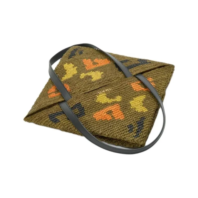 LOEWE Puzzle Fold Raffia With Calfskin Tote Bag, Shopping Bag, Handbag, Shoulder Bag Tubas Women's Olive Green-3