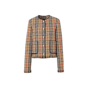 Burberry Buttoned Checked Fringed Jacket