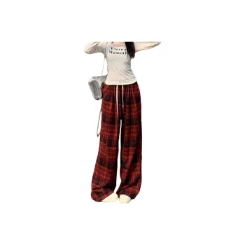 ZXZA Casual Pants Women's Red Plaid Pattern