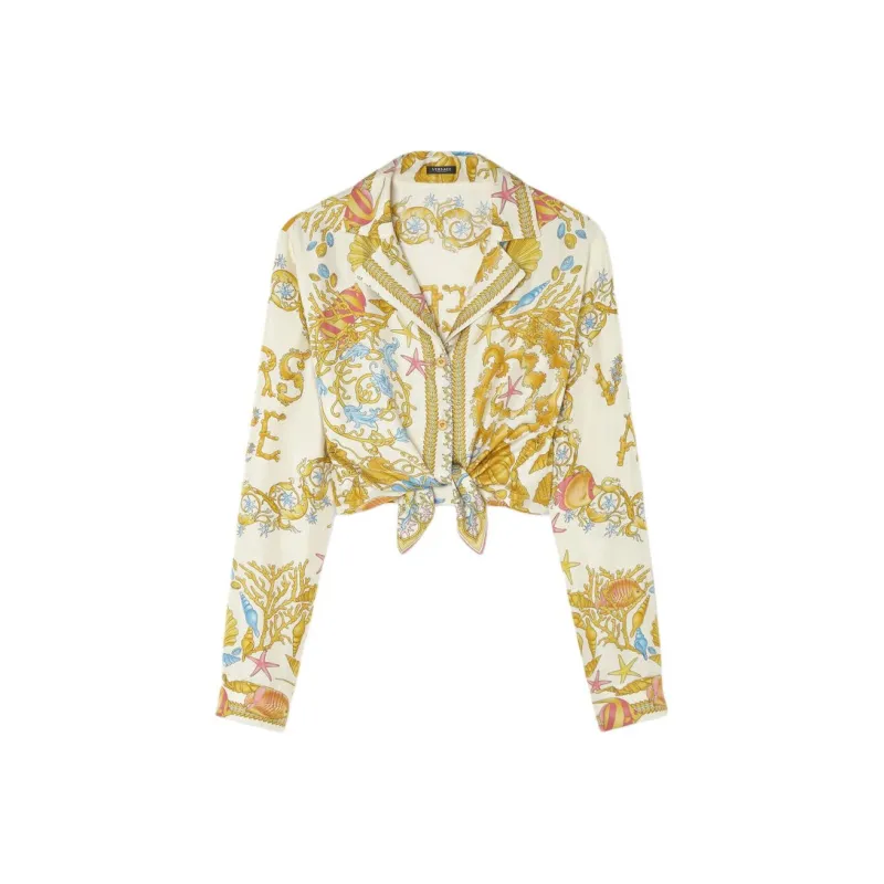 VERSACE Underwater Barocco Knotted Cropped Shirt-0