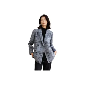 Mo Han Yi Mei Coats Women's Gray Blue Plaid