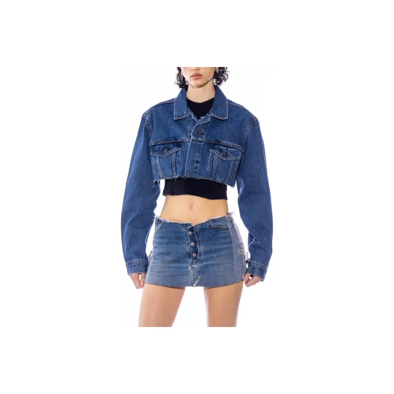 SAMI MIRO VINTAGE PATCH CROPPED DENIM JACKET Denim Jacket Women's BLUE/Blue-0