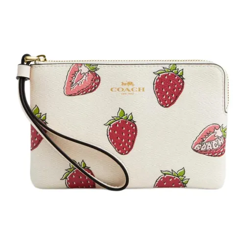 COACH Corner Zip Leather Clutch Small Size Women's Chalk & Red
