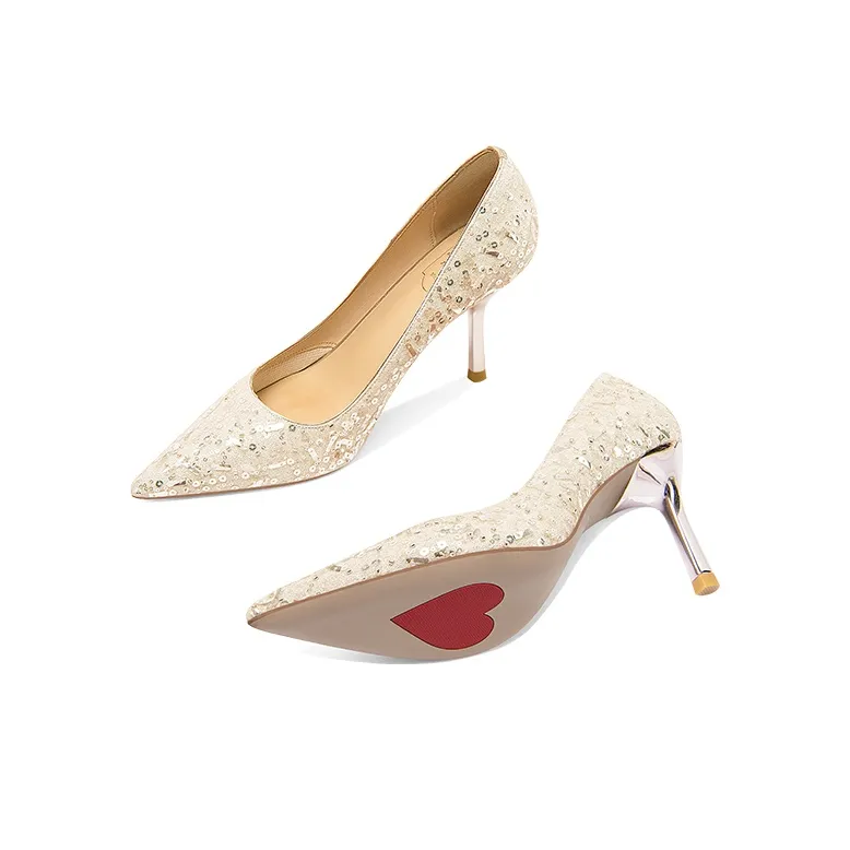 LOLY French Crystal Shoes Slim Heel High Heels Women's Pearl Lover-4