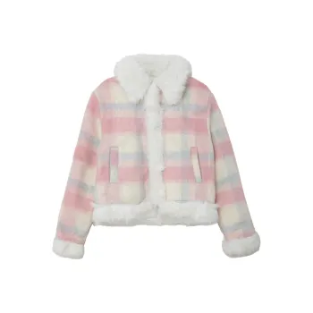 SUNSUNTOWN Velvet Jackets Women's Pink Plaid