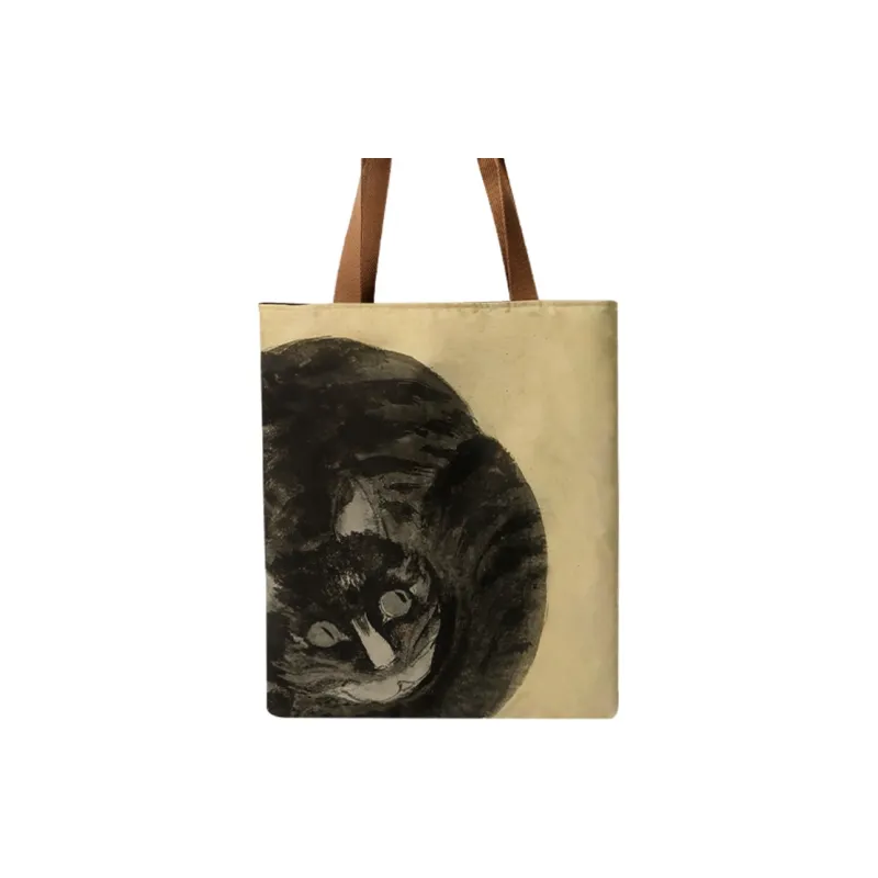 RABBITUU Canvas Bag, Tote Bag, Shoulder Bag Medium Size Unisex Shen Zhou Watching Cats, Light Yellow-1