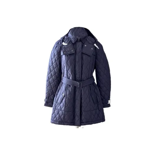 Burberry Women's Solid Color Belted Mid length Hooded Cotton Coat Blue