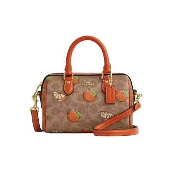 COACH Rowan Coated Canvas Shoulder Bag, Handbag Mini Women's Tan Multicolor