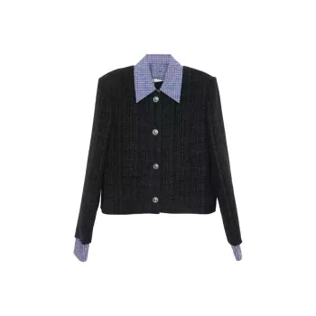 PAZZO Gentle Chanel Inspired Single Breasted Mock Two Piece Coat Women's Navy Blue