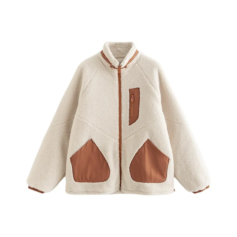 Initial Language Velvet feel Coat Women's Beige Apricot-0