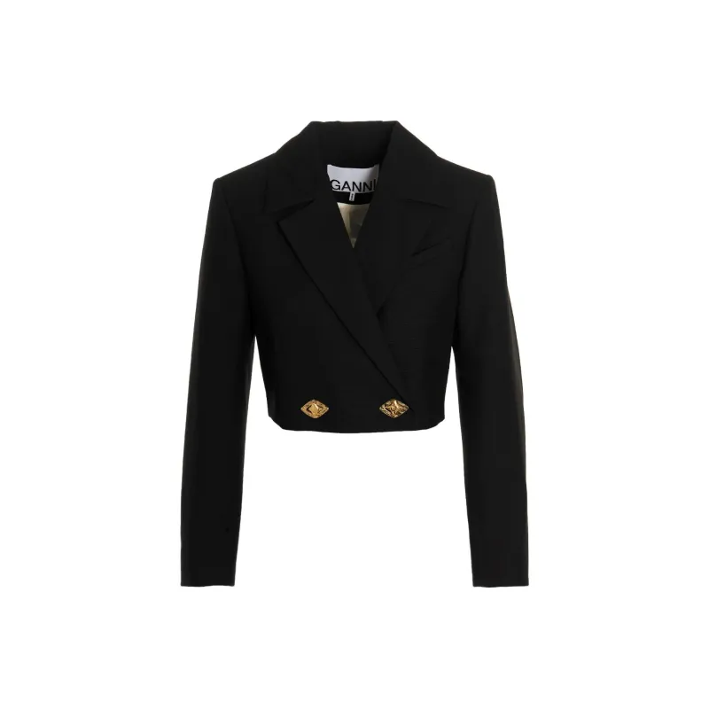 GANNI Double Breasted Cropped Blazer 'Black'-0