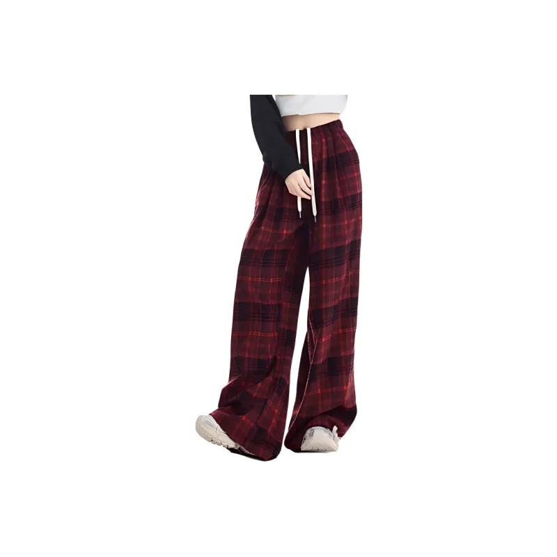 YINLEI Casual Pants Women's Red Plaid-0