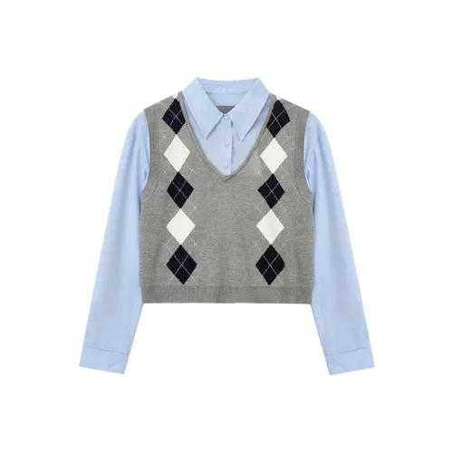 MTHE Knitwear Women's Blue Shirt+Gray Vest
