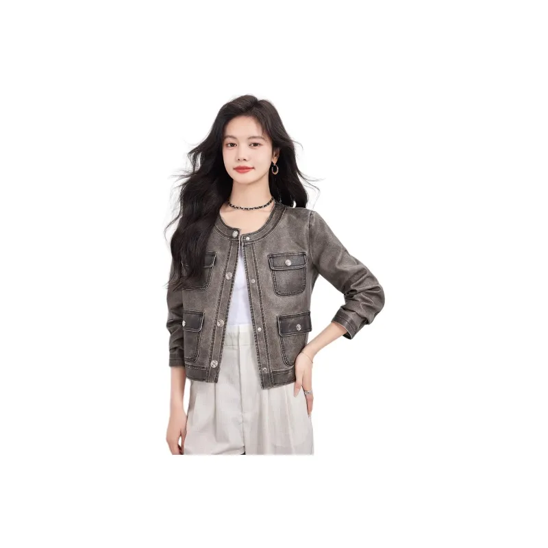 CARBAMMI Leather Jacket Women's Gray-0
