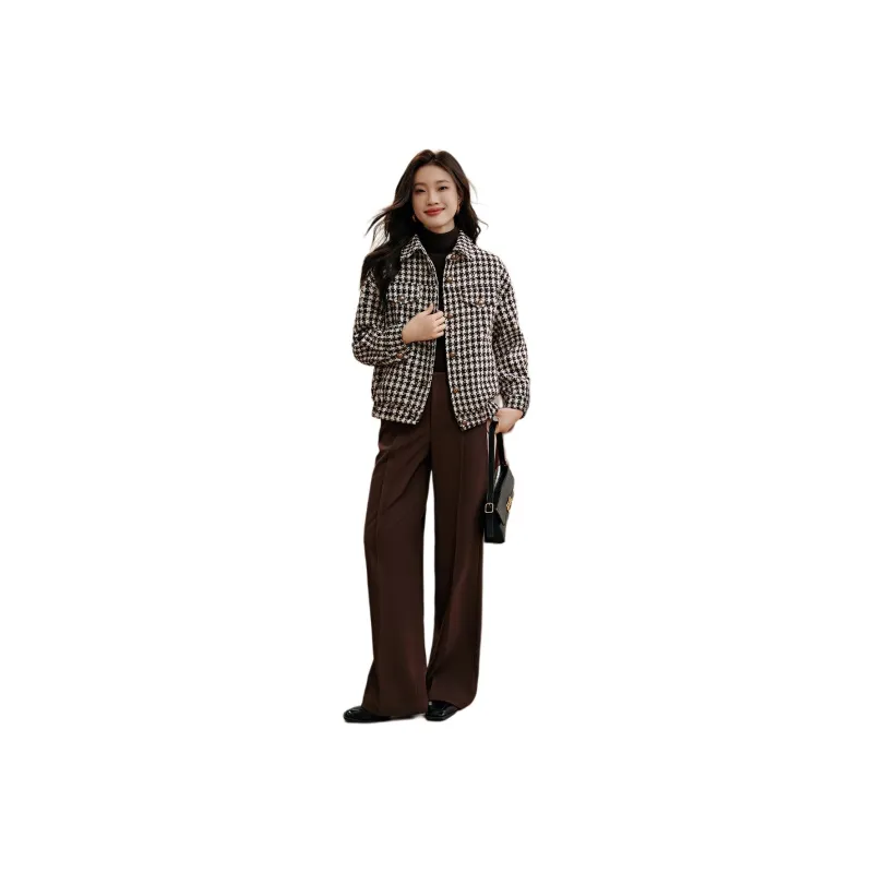 Mo Han Yi Mei Cropped Coats Women's Coffee Plaid-0