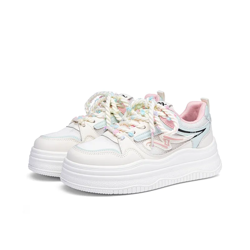 RENBEN Cushioning Balance Height Increasing Low Top Skateboard Shoes Women's White Pink-1