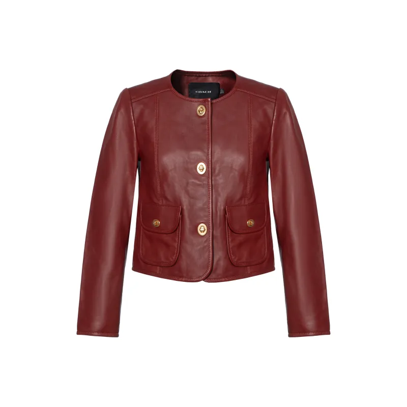COACH SS22 Leather Jacket Women's Saddle Brown-0