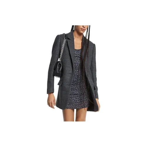 MICHAEL KORS Plaid Stretch Wool Blend Boyfriend Blazer Business Suits Coats Women's Gray