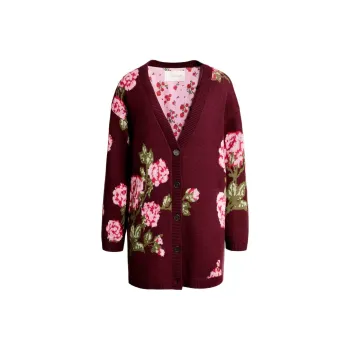 H&M X Magda Butrym Wool Blend Jacquard Knit Cardigan Burgundy/Roses