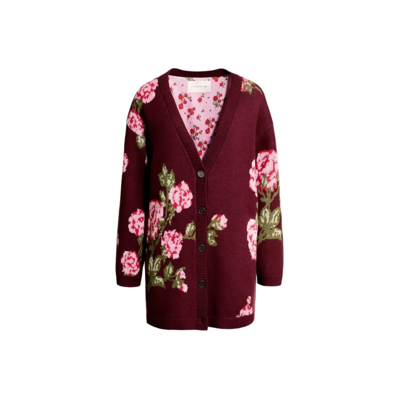 H&M X Magda Butrym Wool Blend Jacquard Knit Cardigan Burgundy/Roses-0
