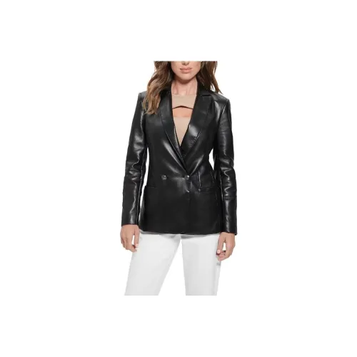 GUESS Emelie Faux Leather Blazer Leather patch jacket Women's Black