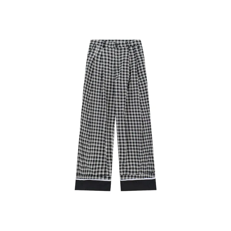 VINMUK Casual Pants Unisex Black White Plaid-0